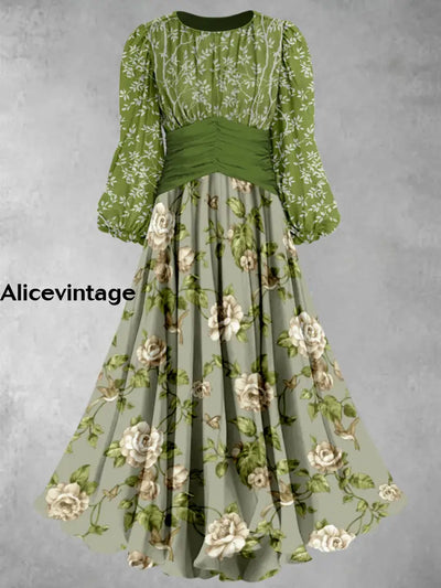 Retro Floral Art Print Elegant Chic Round Neck Long Sleeve Midi Dress A / S