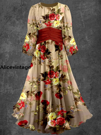 Retro Floral Art Print Elegant Chic Round Neck Long Sleeve Midi Dress A / S