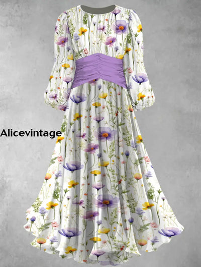 Retro Floral Art Print Elegant Chic Round Neck Long Sleeve Midi Dress A / S