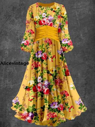 Retro Floral Art Print Elegant Chic Round Neck Long Sleeve Midi Dress A / S