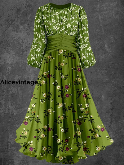 Retro Floral Art Print Elegant Chic Round Neck Long Sleeve Midi Dress A / S