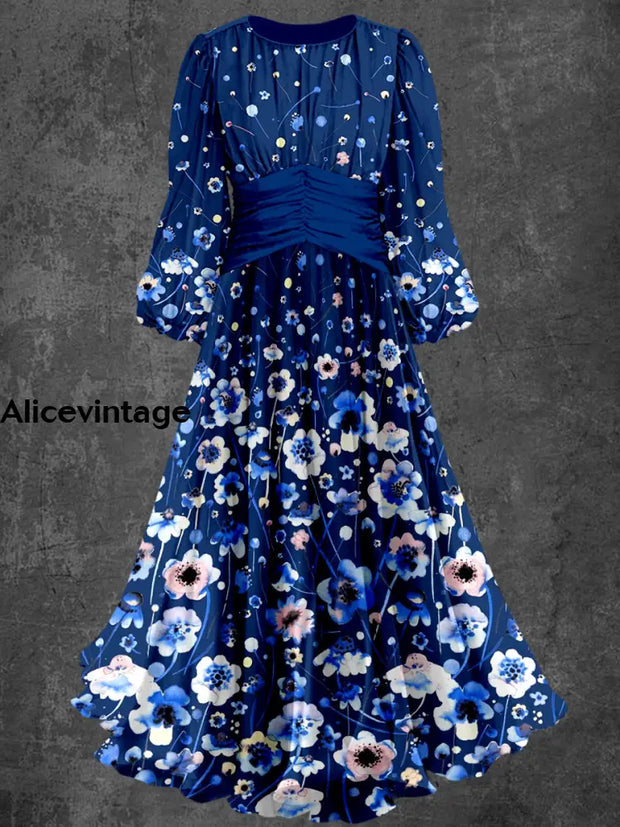 Retro Floral Art Print Elegant Chic Round Neck Long Sleeve Midi Dress A / S