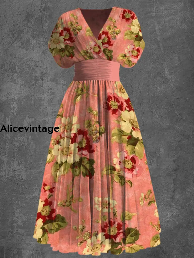 Retro Floral Art Print Elegant V-Neck Short Sleeve Maxi Dress A / S