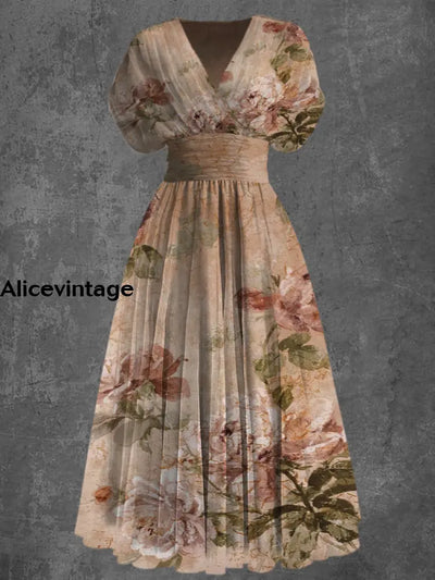 Retro Floral Art Print Elegant V-Neck Short Sleeve Maxi Dress A / S