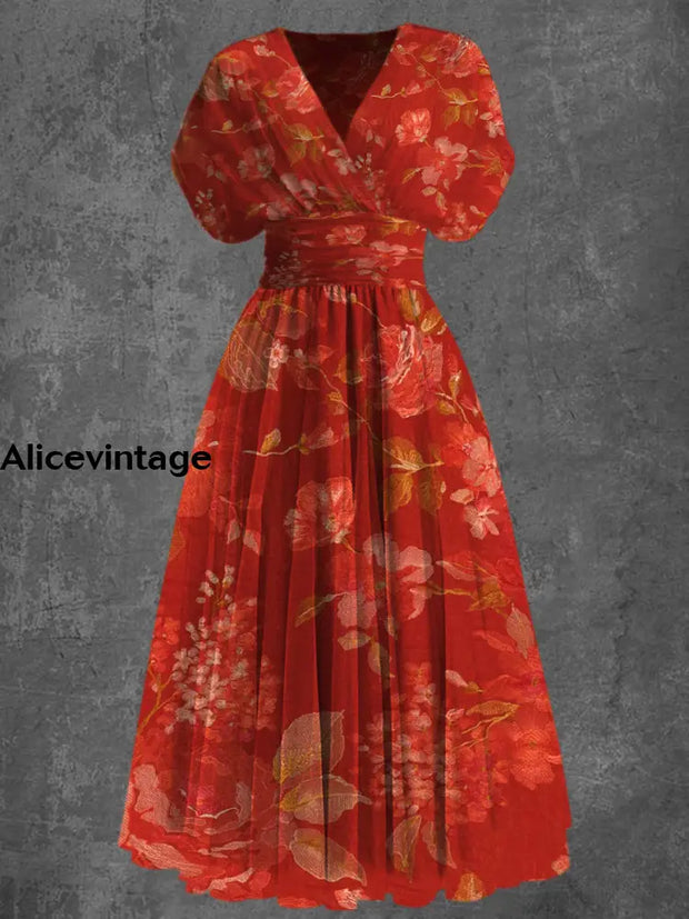 Retro Floral Art Print Elegant V-Neck Short Sleeve Maxi Dress A / S