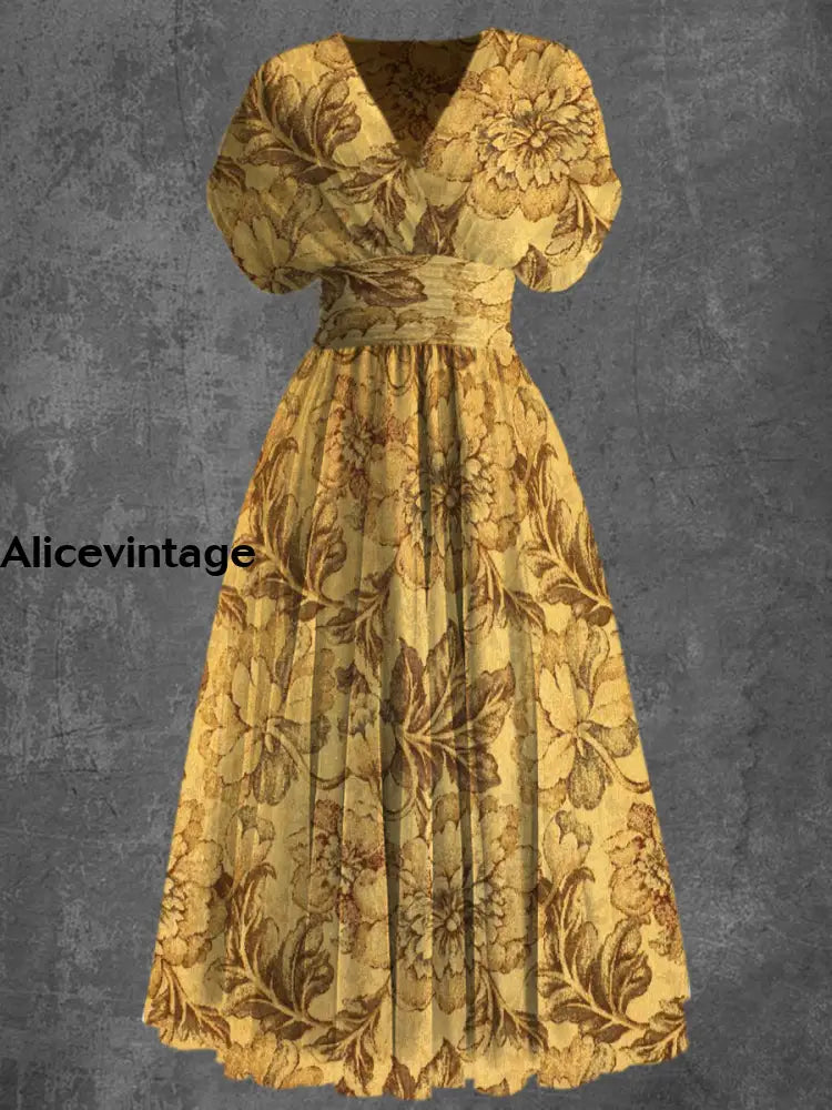 Retro Floral Art Print Elegant V-Neck Short Sleeve Maxi Dress A / S
