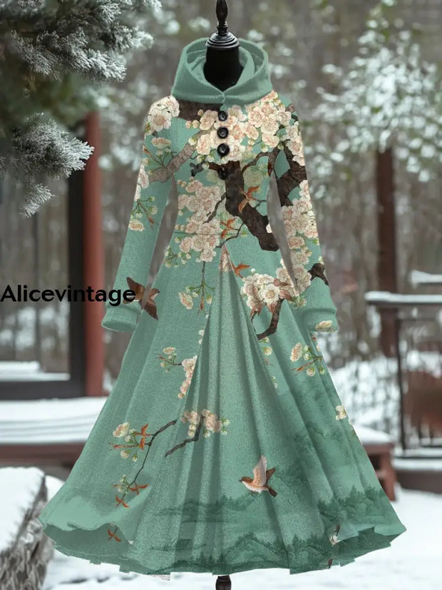 Retro Floral Art Print Hooded Patchwork Long Sleeve 50S Elegant Slim Fake Two-Piece Midi Dress A / S