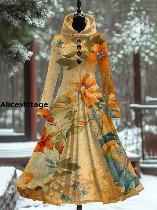 Retro Floral Art Print Hooded Patchwork Long Sleeve 50S Elegant Slim Fake Two-Piece Midi Dress A / S