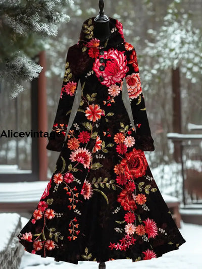 Retro Floral Art Print Hooded Patchwork Long Sleeve 50S Elegant Slim Fake Two-Piece Midi Dress A / S