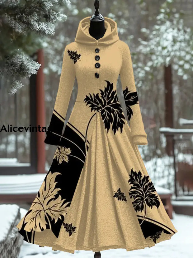 Retro Floral Art Print Hooded Patchwork Long Sleeve 50S Elegant Slim Fake Two-Piece Midi Dress A / S