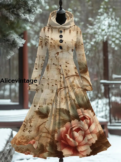 Retro Floral Art Print Hooded Patchwork Long Sleeve 50S Elegant Slim Fake Two-Piece Midi Dress A / S