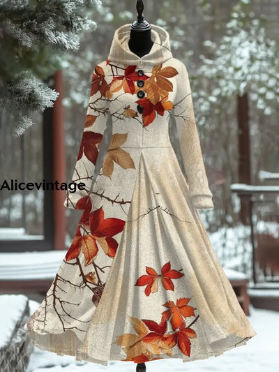 Retro Floral Art Print Hooded Patchwork Long Sleeve 50S Elegant Slim Fake Two-Piece Midi Dress A / S