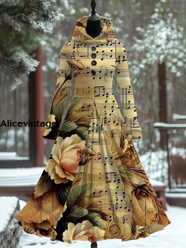 Retro Floral Art Print Hooded Patchwork Long Sleeve 50S Elegant Slim Fake Two-Piece Midi Dress A / S