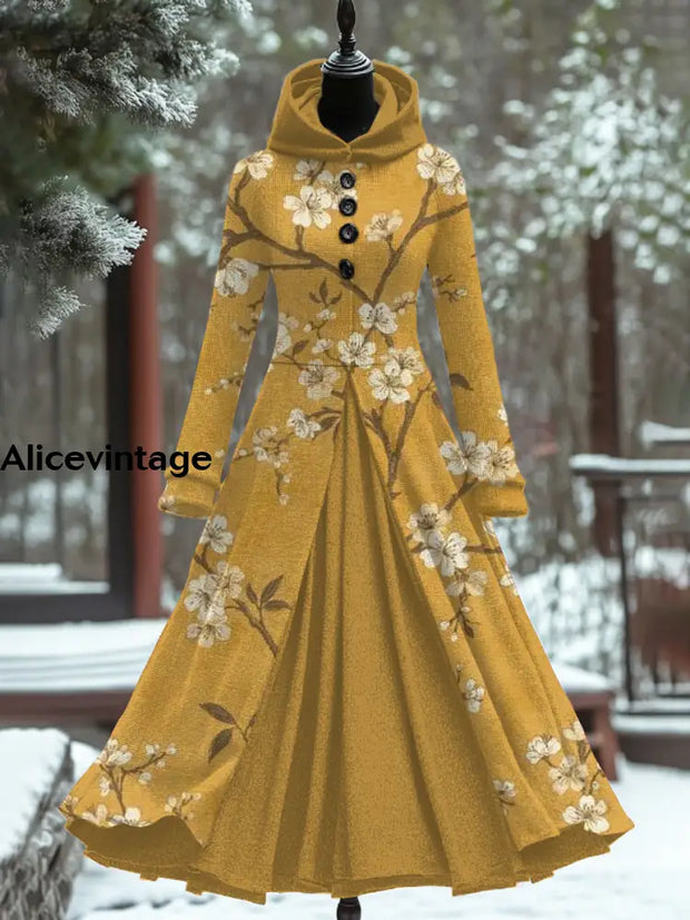 Retro Floral Art Print Hooded Patchwork Long Sleeve 50S Elegant Slim Fake Two-Piece Midi Dress A / S