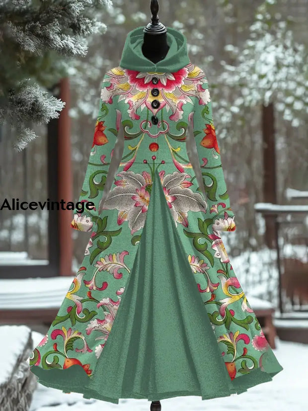 Retro Floral Art Print Hooded Patchwork Long Sleeve 50S Elegant Slim Fake Two-Piece Midi Dress A / S