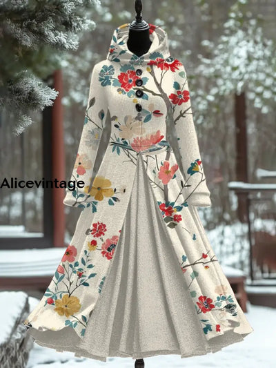 Retro Floral Art Print Hooded Patchwork Long Sleeve 50S Elegant Slim Fake Two-Piece Midi Dress A / S