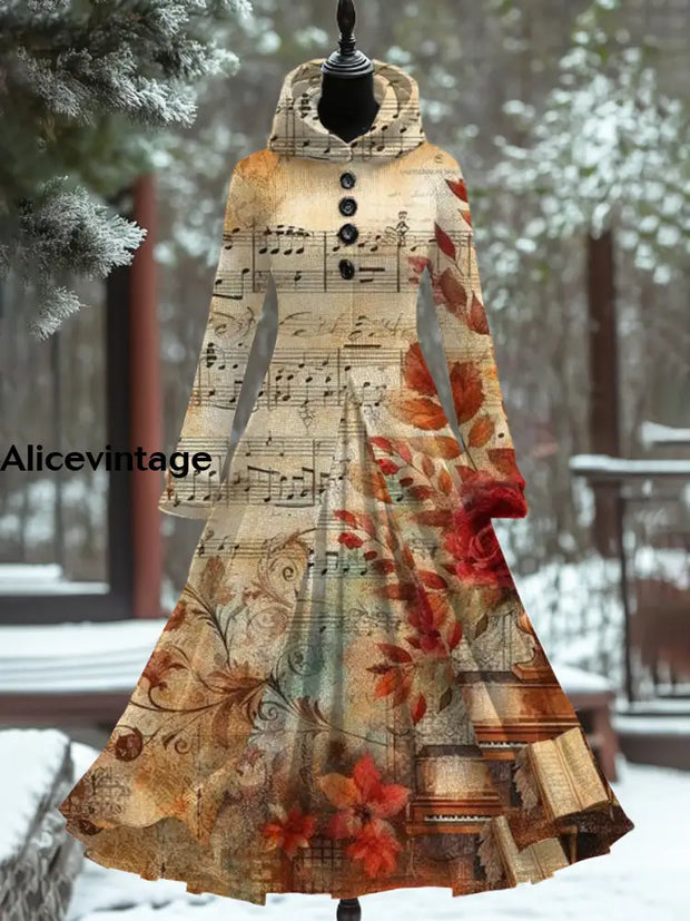 Retro Floral Art Print Hooded Patchwork Long Sleeve 50S Elegant Slim Fake Two-Piece Midi Dress A / S