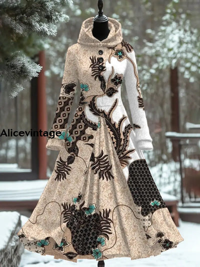 Retro Floral Art Print Hooded Patchwork Long Sleeve 50S Elegant Slim Fake Two-Piece Midi Dress A / S