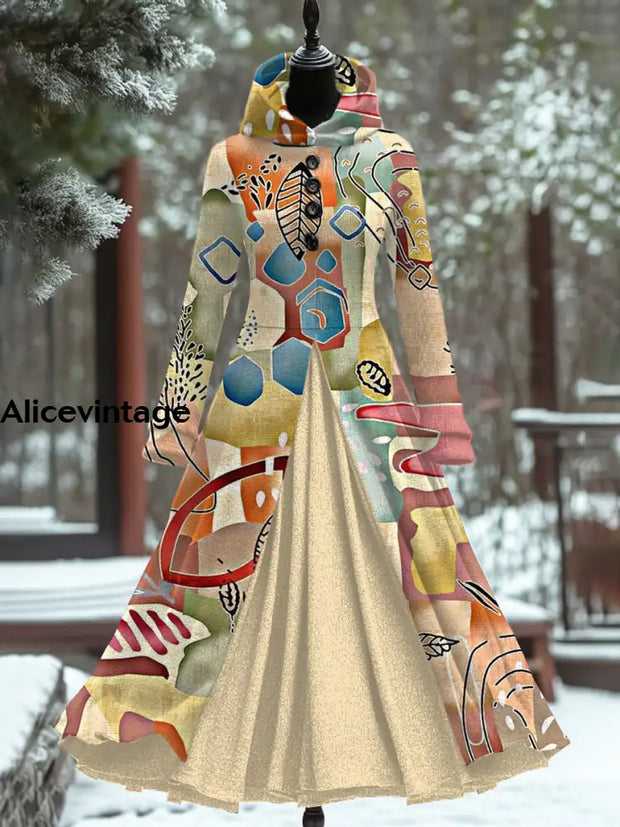 Retro Floral Art Print Hooded Patchwork Long Sleeve 50S Elegant Slim Fake Two-Piece Midi Dress A / S