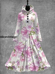 Retro Floral Art Print Hooded Splicing Long Sleeve 50S Elegant Slim Fake Two-Piece Midi Dress