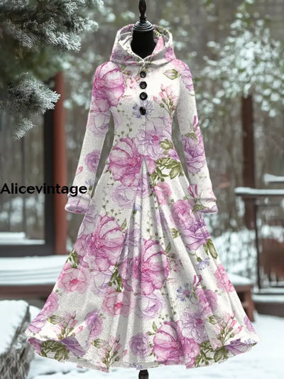 Retro Floral Art Print Hooded Splicing Long Sleeve 50S Elegant Slim Fake Two-Piece Midi Dress A / S