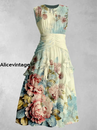 Retro Floral Art Print Round Neck Elegant Chic Chiffon Sleeveless Maxi Dress A / S