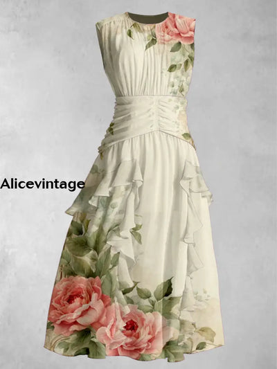 Retro Floral Art Print Round Neck Elegant Chic Sleeveless Maxi Dress A / S