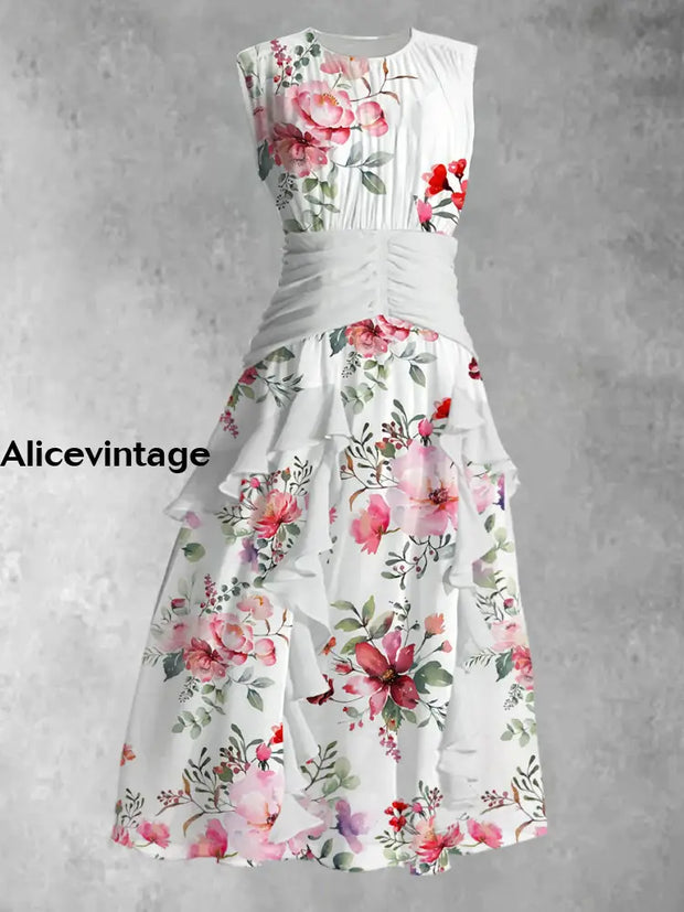 Retro Floral Art Print Round Neck Sleeveless Maxi Dress A / S