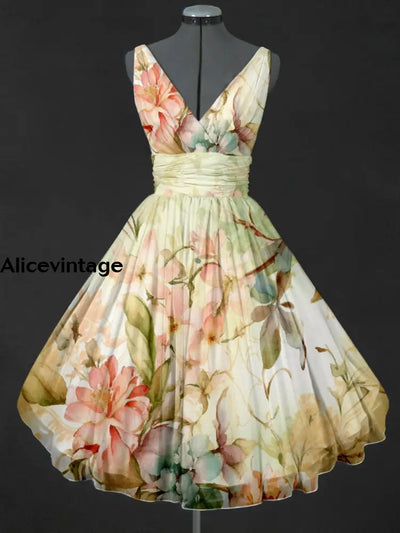 Retro Floral Art Print V-Neck 50’S Elegant Sleeveless Midi Dress A / S