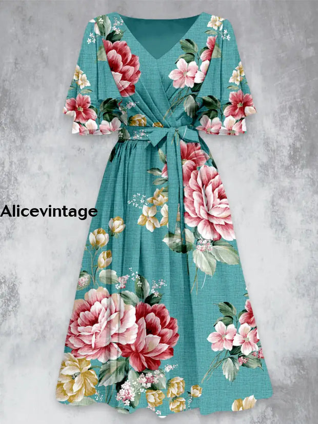 Retro Floral Art Print V-Neck Chic Short Sleeve Midi Dress A / S