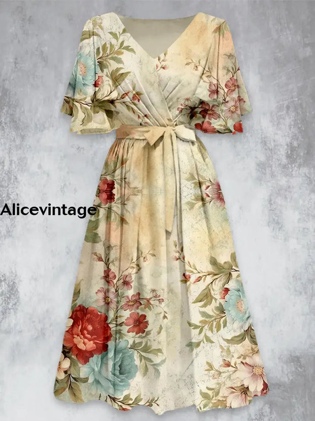 Retro Floral Art Print V-Neck Chic Short Sleeve Midi Dress A / S