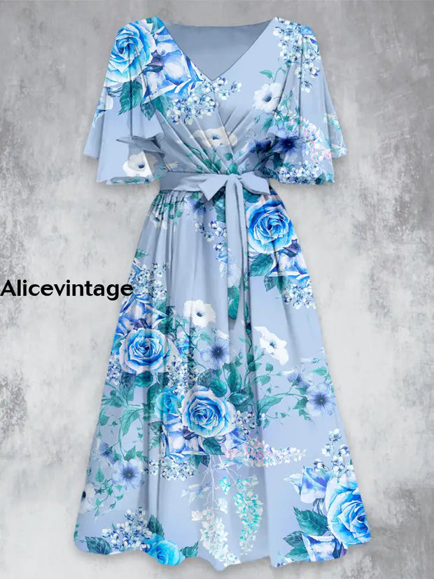 Retro Floral Art Print V-Neck Chic Short Sleeve Midi Dress A / S