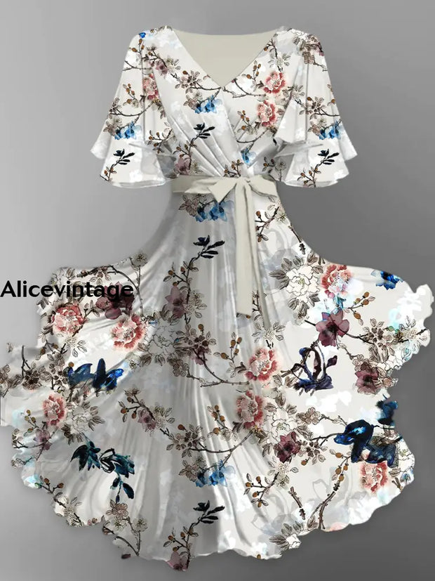 Retro Floral Art Print V-Neck Chic Short Sleeve Midi Dress A / S