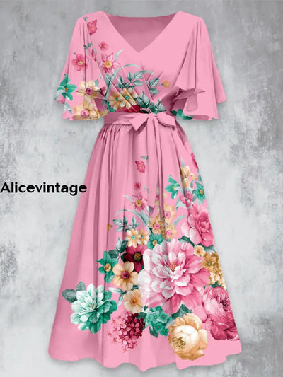 Retro Floral Art Print V-Neck Chic Short Sleeve Midi Dress A / S