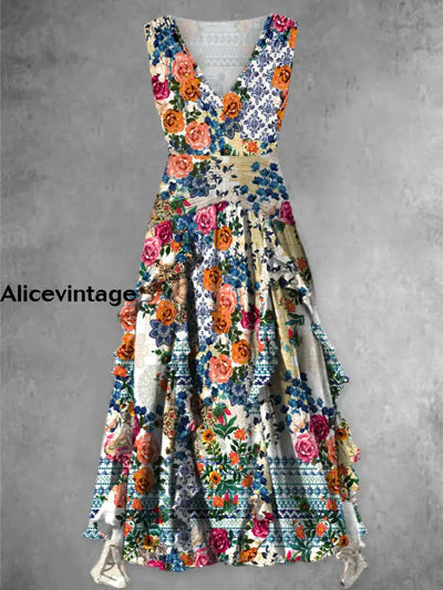 Retro Floral Art Print V-Neck Chic Sleeveless Maxi Dress A / S