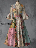 Retro Floral Art Print V-Neck Flare Sleeve Vintage Elegant Dress A / S