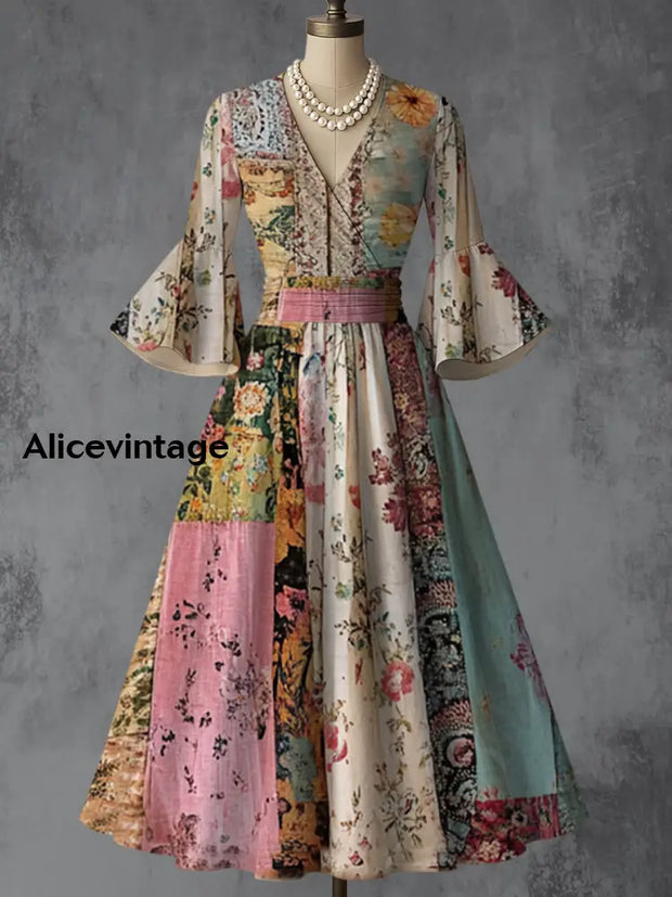 Retro Floral Art Print V-Neck Flare Sleeve Vintage Elegant Dress A / S