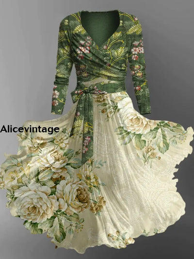 Retro Floral Art Print V-Neck Long Sleeve Two-Piece Midi Dress A / S