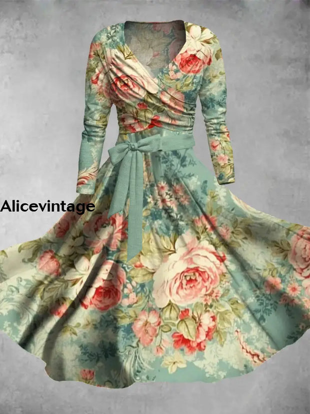 Retro Floral Art Print V-Neck Long Sleeve Two-Piece Midi Dress A / S