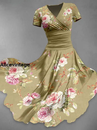 Retro Floral Art Print V-Neck Short Sleeve Midi Dress A / S