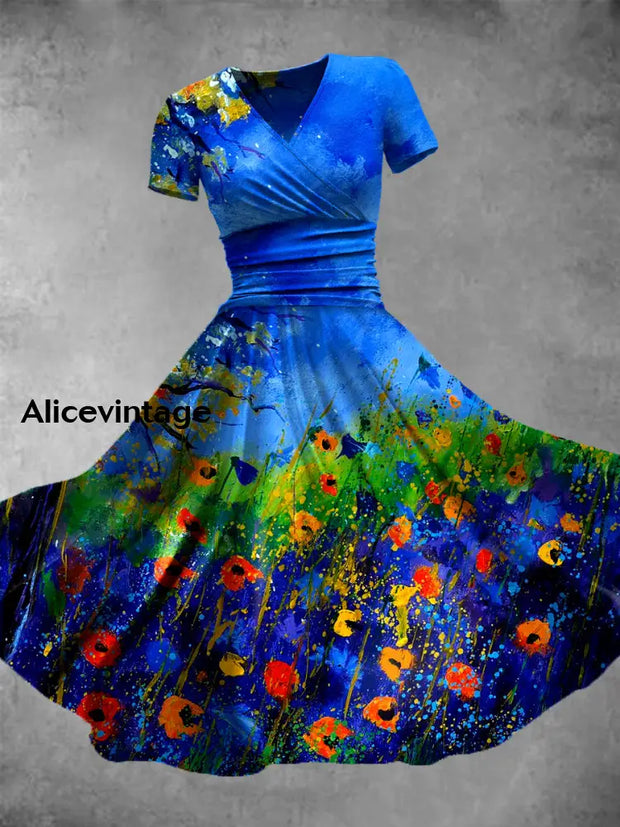 Retro Floral Art Print V-Neck Short Sleeve Midi Dress A / S