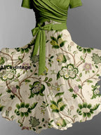 Retro Floral Art Print V-Neck Short Sleeve Two-Piece Midi Dress