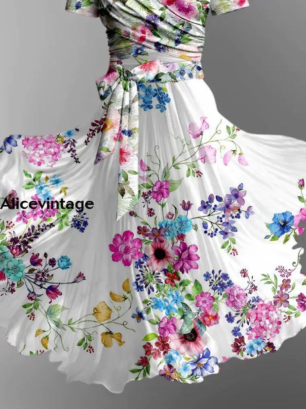 Retro Floral Art Print V-Neck Short Sleeve Two-Piece Midi Dress