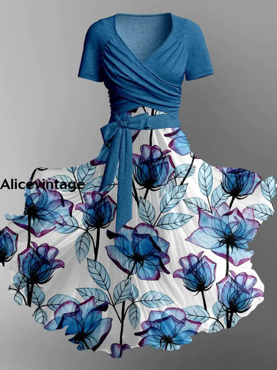 Retro Floral Art Print V-Neck Short Sleeve Two-Piece Midi Dress A / S