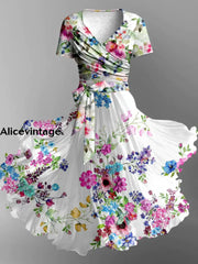 Retro Floral Art Print V-Neck Short Sleeve Two-Piece Midi Dress A / S