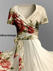 Retro Floral Art Print V-Neck Short Sleeve Two-Piece Vintage Midi Dress