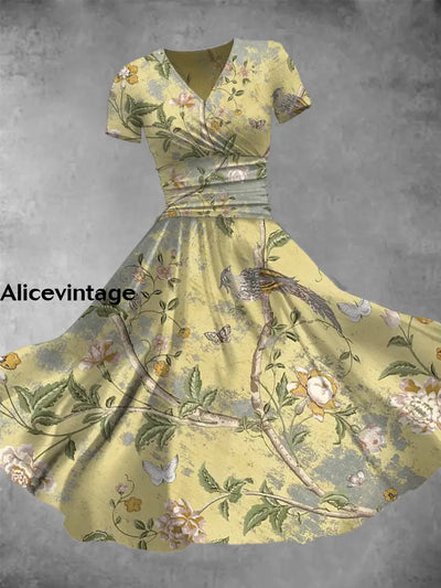 Retro Floral Art Print V-Neck Short Sleeve Vintage Midi Dress A / S