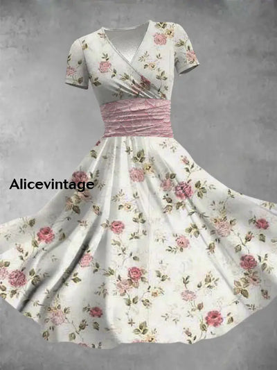 Retro Boho Floral Art Printed Vintage V-Neck Pleated Waist Short Sleeve Midi Dress A / S