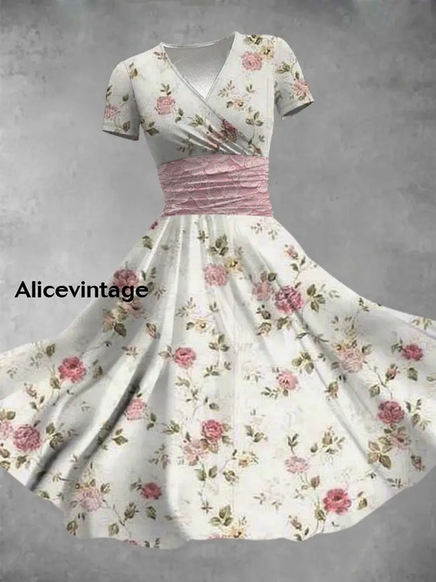 Retro Boho Floral Art Printed Vintage V-Neck Pleated Waist Short Sleeve Midi Dress A / S