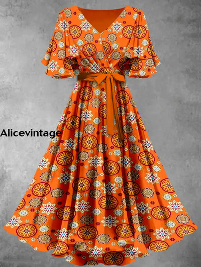 Retro Floral Art Print V-Neck Vintage Chic Short Sleeve Midi Dress A / S